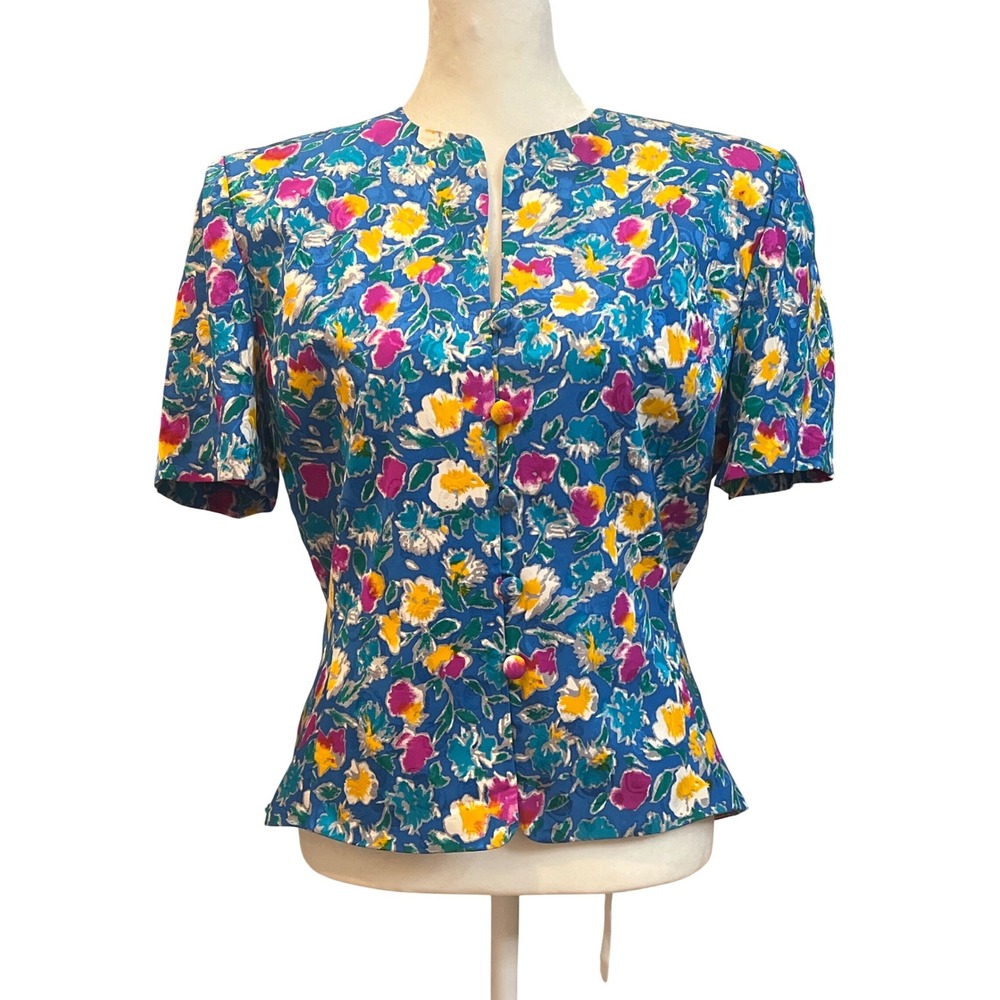 Adrianna Papell Vintage‎ Silk Floral Blouse Short Sleeve Button Front Size 6